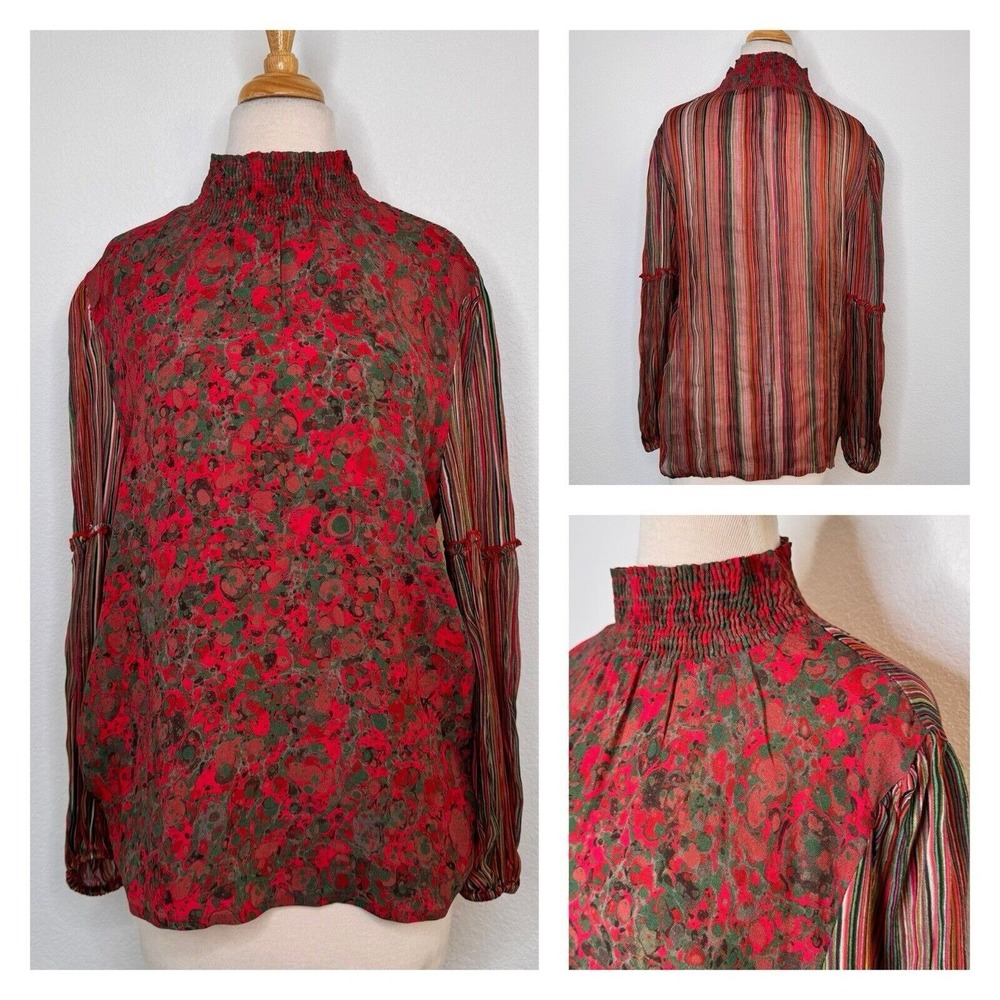 Bl^nk‎ London Womens Anthropologie Blouse Size M Red Mock Neck Floral Peasant